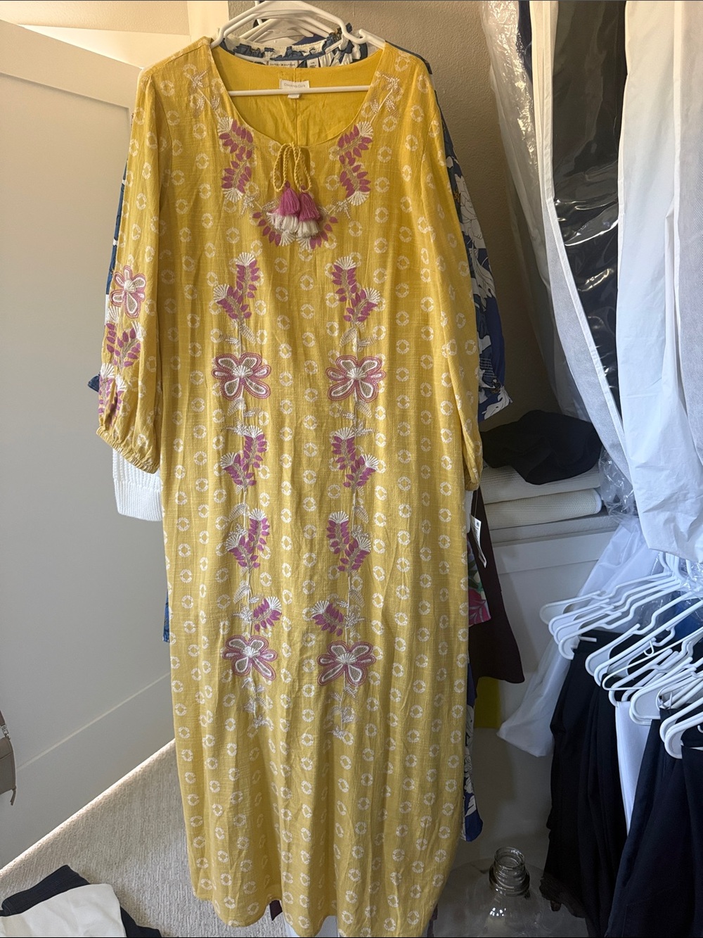 Yellow Floral Embroidered Women’s Dress with Tassel Tie Charter Club NWT New L